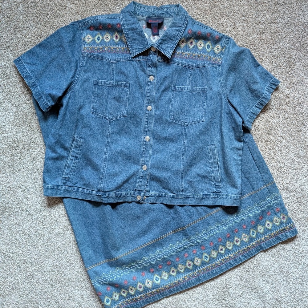 VTG Denim & Co SET Denim Button Down Shirt Maxi Skirt Western Tribal Festival